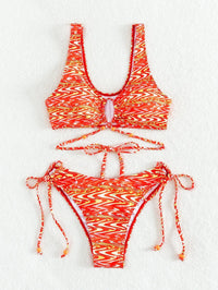 Random Fluid Pattern Print Tie Back Bead Decor Bikini Swimsuit